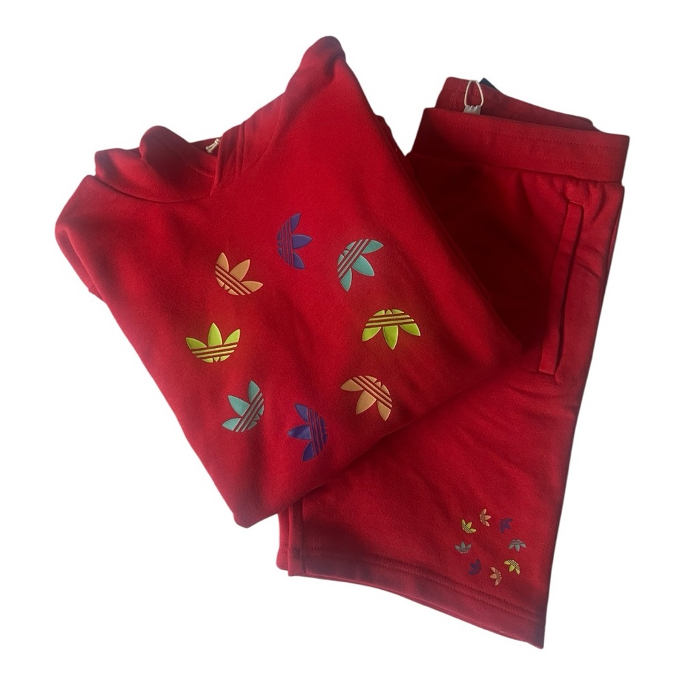 Kids' Adidas Red Trefoil Logo Sweatshirt Hoodie and Shorts Set, NWT, Size Large